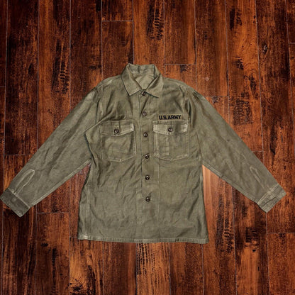 Vintage US Military Shirt OG-107 Vietnam 1970s DSA 1975 Post WWII Camo Green