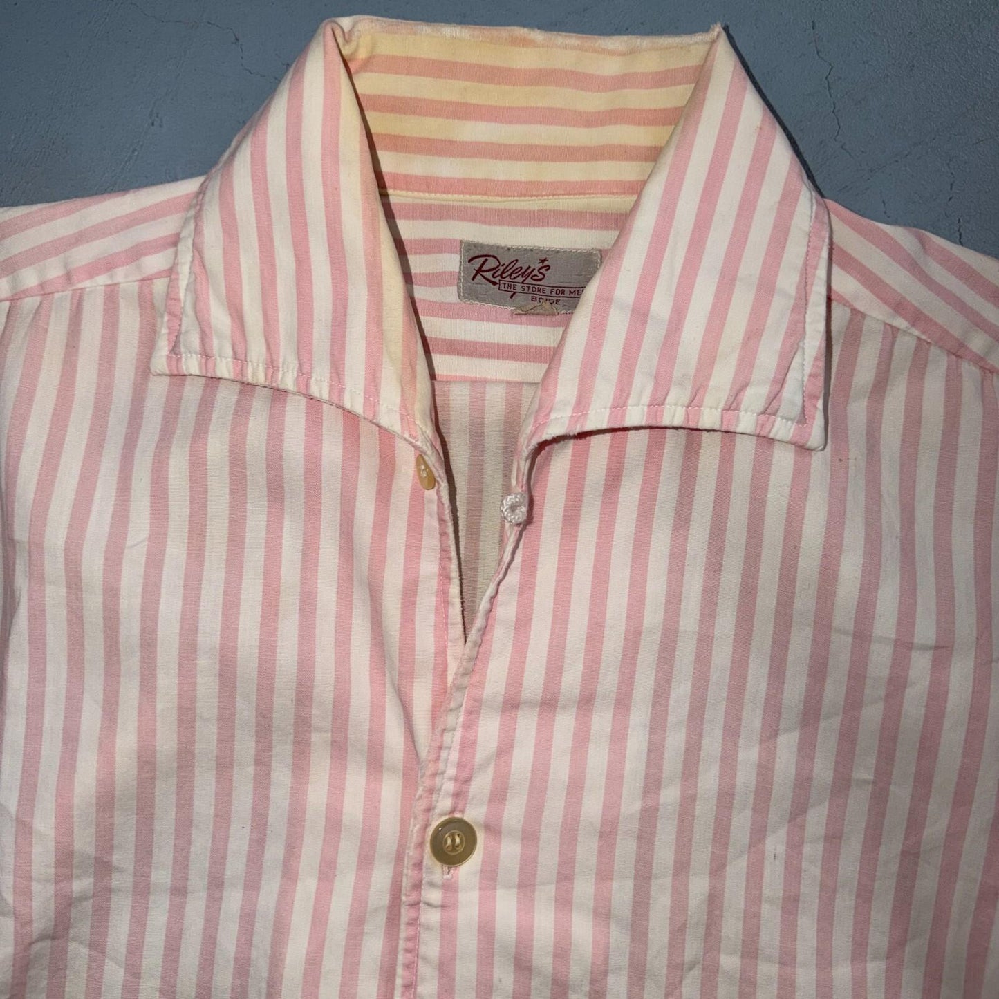 Vintage 50s Riley’s Mens S Pink White Stripe Loop Collar Shirt Rockabilly 1950s