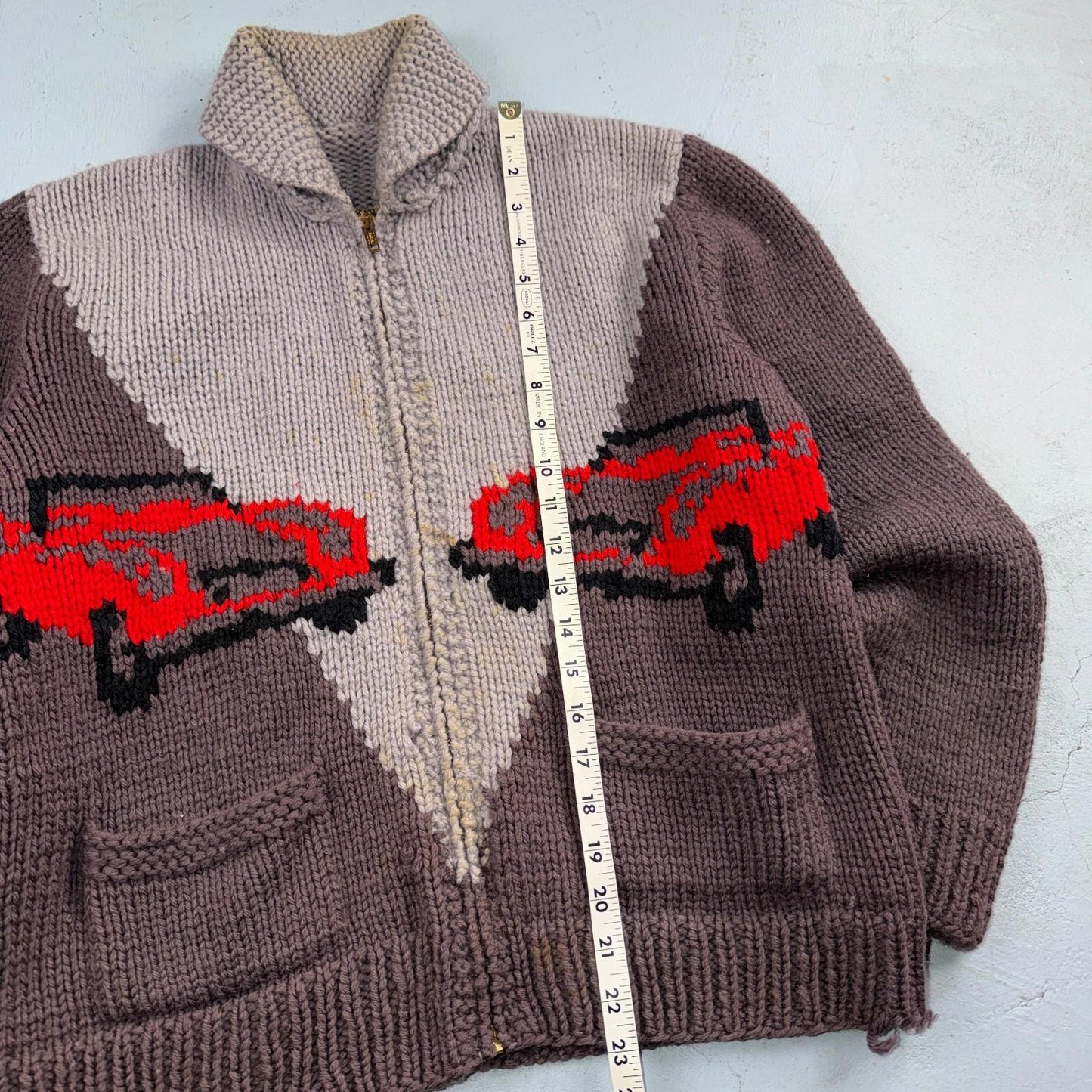 VTG 1950s Hand Knit Wool Cowichan Cardigan Sweater Jacket Race Cars Medium RARE
