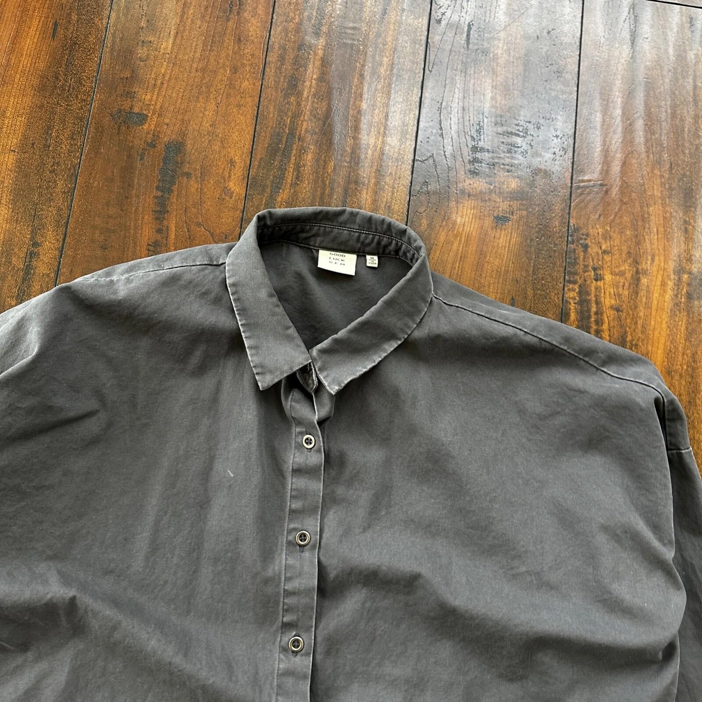 Good Luck Gem Dark Grey Boxy Cotton Button Up Shirt Raw Edge Hem Lightweight