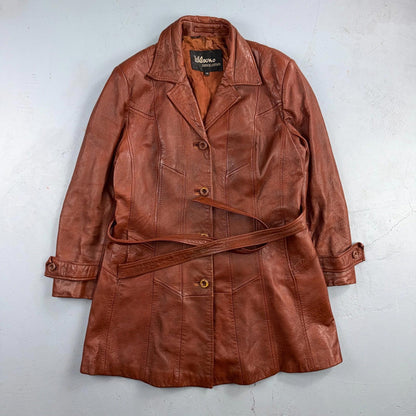 VTG Wilsons Women's Brown 100% Leather Jacket Trench Car Coat Belted 80s 90s