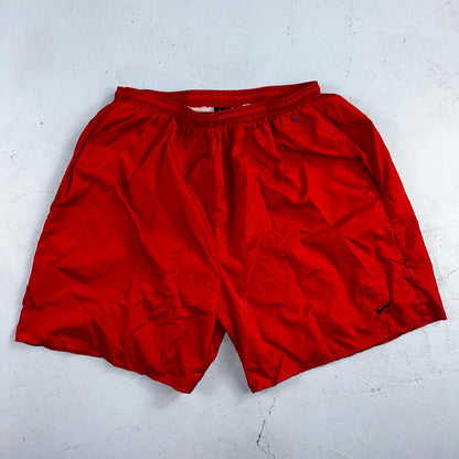 Nike Vintage Red Nylon Shorts Swoosh XL 90s Black Tag 6” Inseam Running Swim