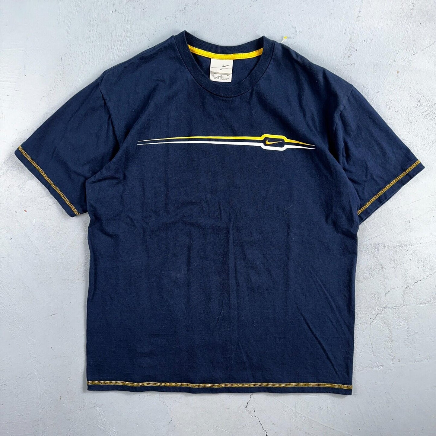Nike Striped Y2K VTG T Shirt 2000s Navy Blue Air Max Promo Tee XL Yellow Stitch