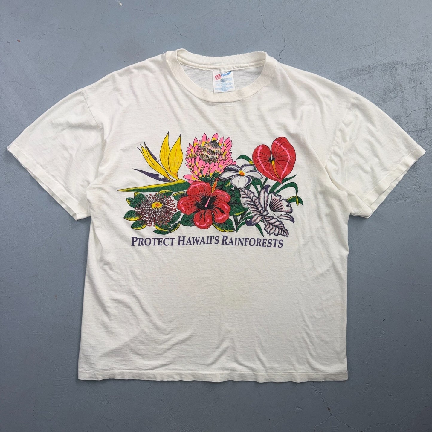 Vintage 90s Protect Hawaii Rainforests T Shirt Hanes Floral Nature Graphic Art