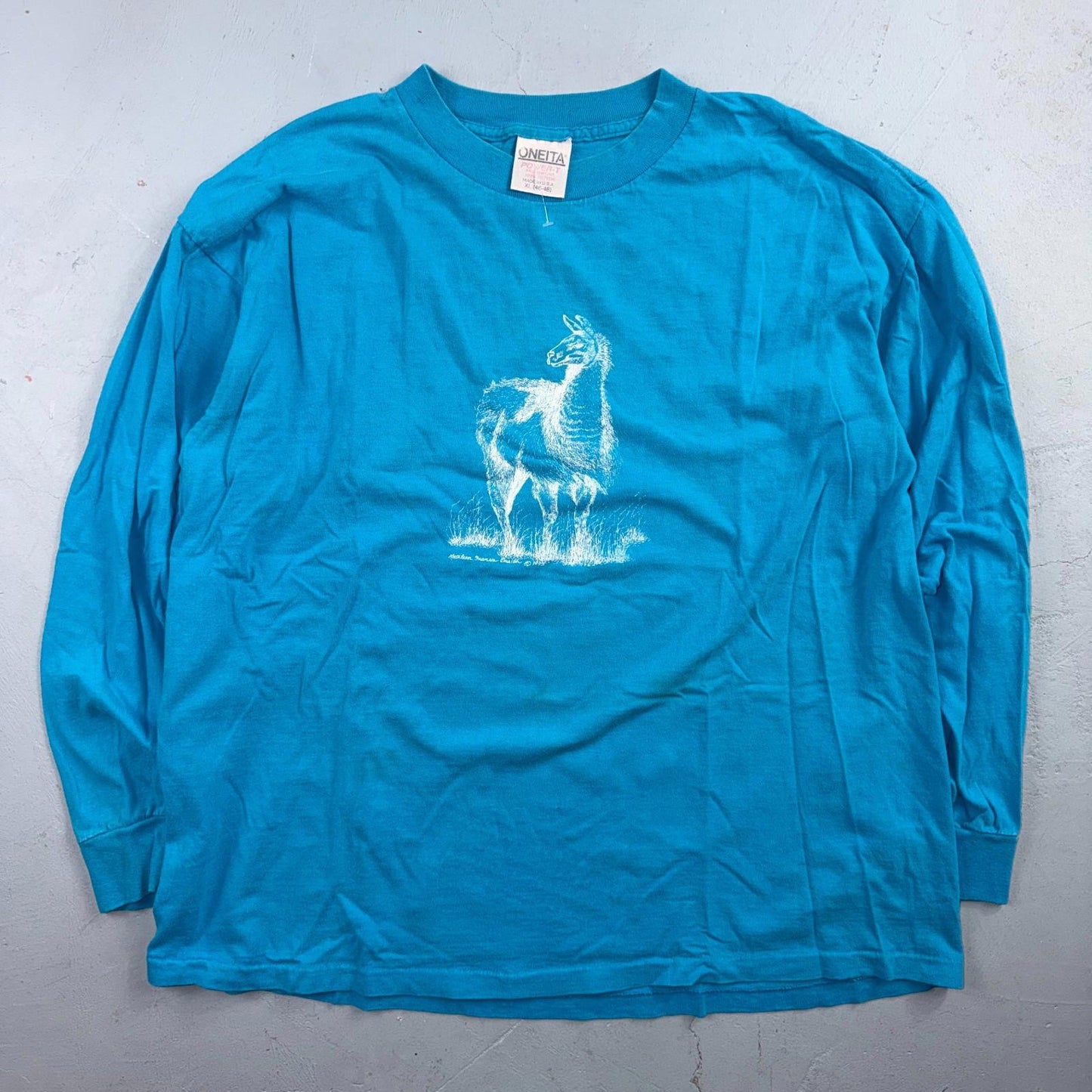 Oneita XL Blue VTG T Shirt Alpaca Llama Blue Long Sleeve Art Graphic Animals