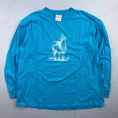 Oneita XL Blue VTG T Shirt Alpaca Llama Blue Long Sleeve Art Graphic Animals