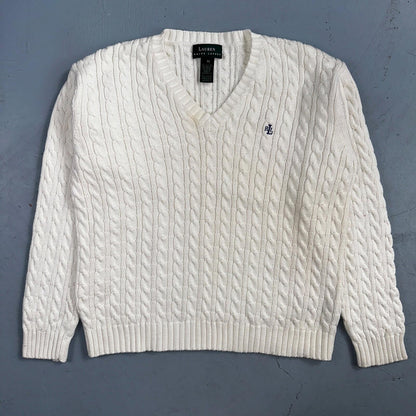 Lauren Ralph Lauren White Cable Knit V Neck Pullover Sweater Womens M Cotton