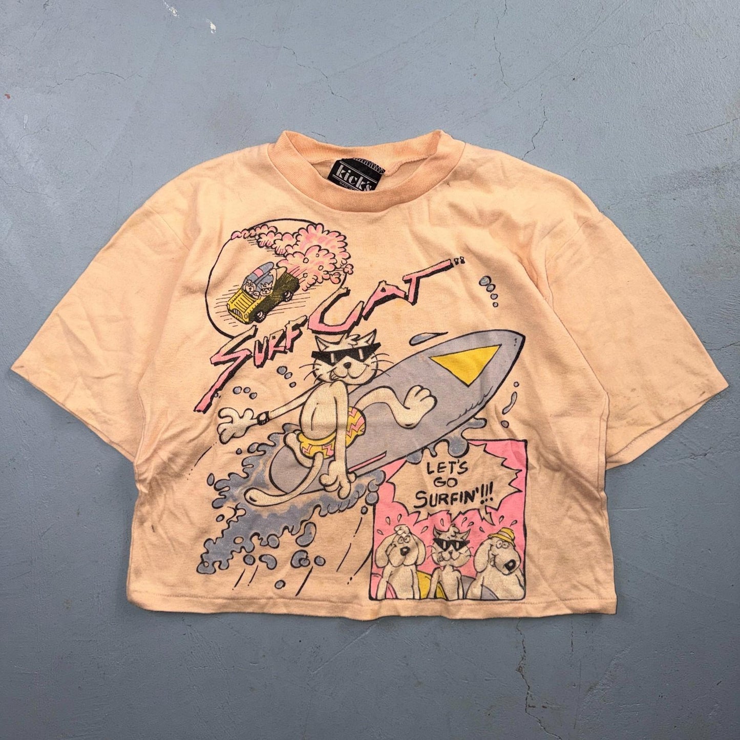 Surf Cat Crop 80s VTG T Shirt Kicks USA 1980s Graphic Cats Cartoon Cool Beach