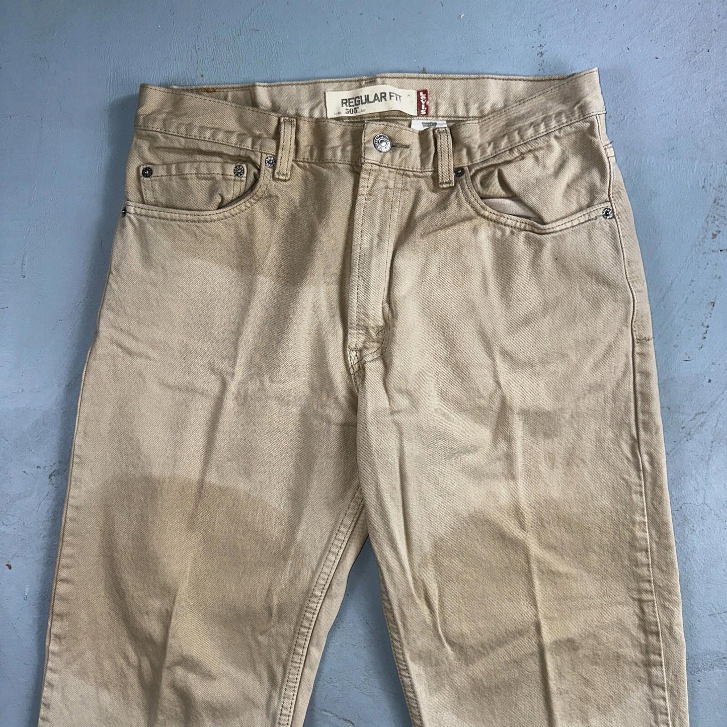 Levis 505 Vintage Y2K Jeans Beige Stained Zipper Fly Straight 34x29 Act 32x28