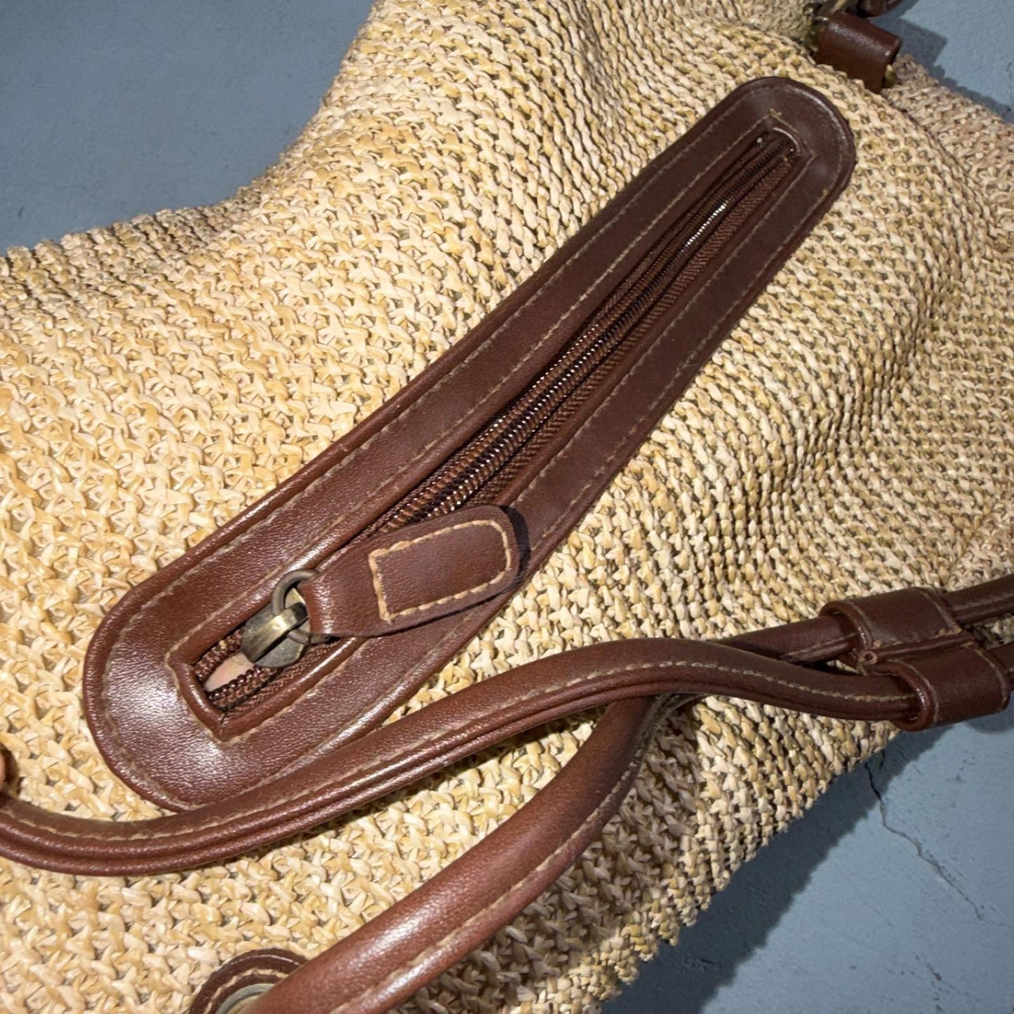Rosetti Woven Purse Natural Tan Zippered Classic Small Bag Faux Leather Strap