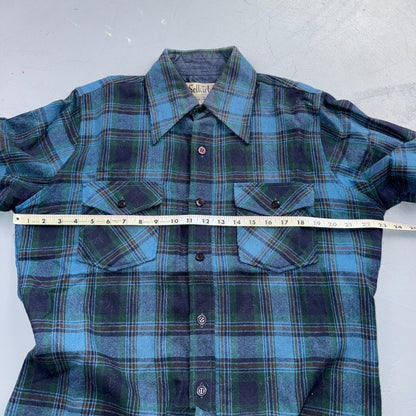 VTG 70s Selkirk Wool CPO Shirt Jacket Blue Green Plaid Rockabilly 1970s