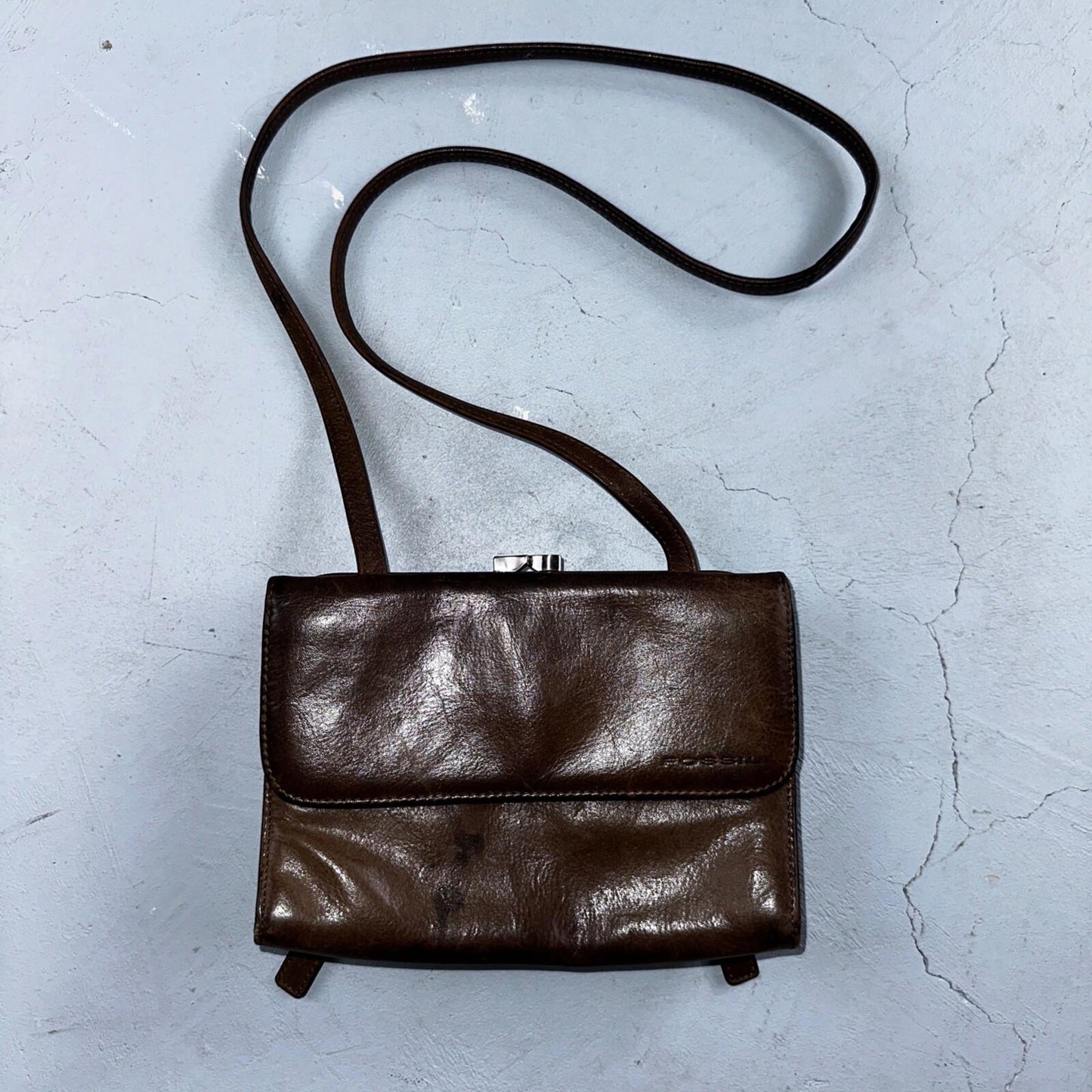 Vintage Fossil Y2K 2000 90's Brown Leather Satchel Shoulder Bag Purse