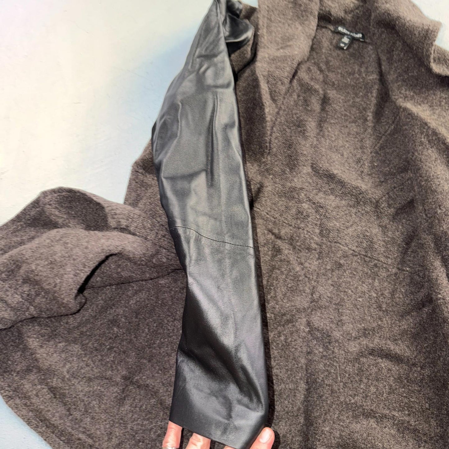 Eileen Fisher Jacket Womens Small Brown Wool Leather Sleeve Open Front Blazer