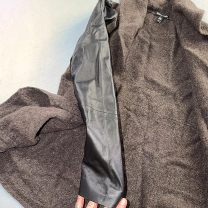 Eileen Fisher Jacket Womens Small Brown Wool Leather Sleeve Open Front Blazer