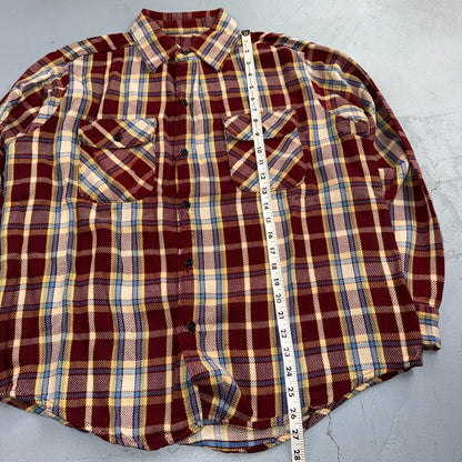 VTG 70s Burgundy Plaid Heavy Flannel Work Shirt Grunge Button Front Penneys Mac