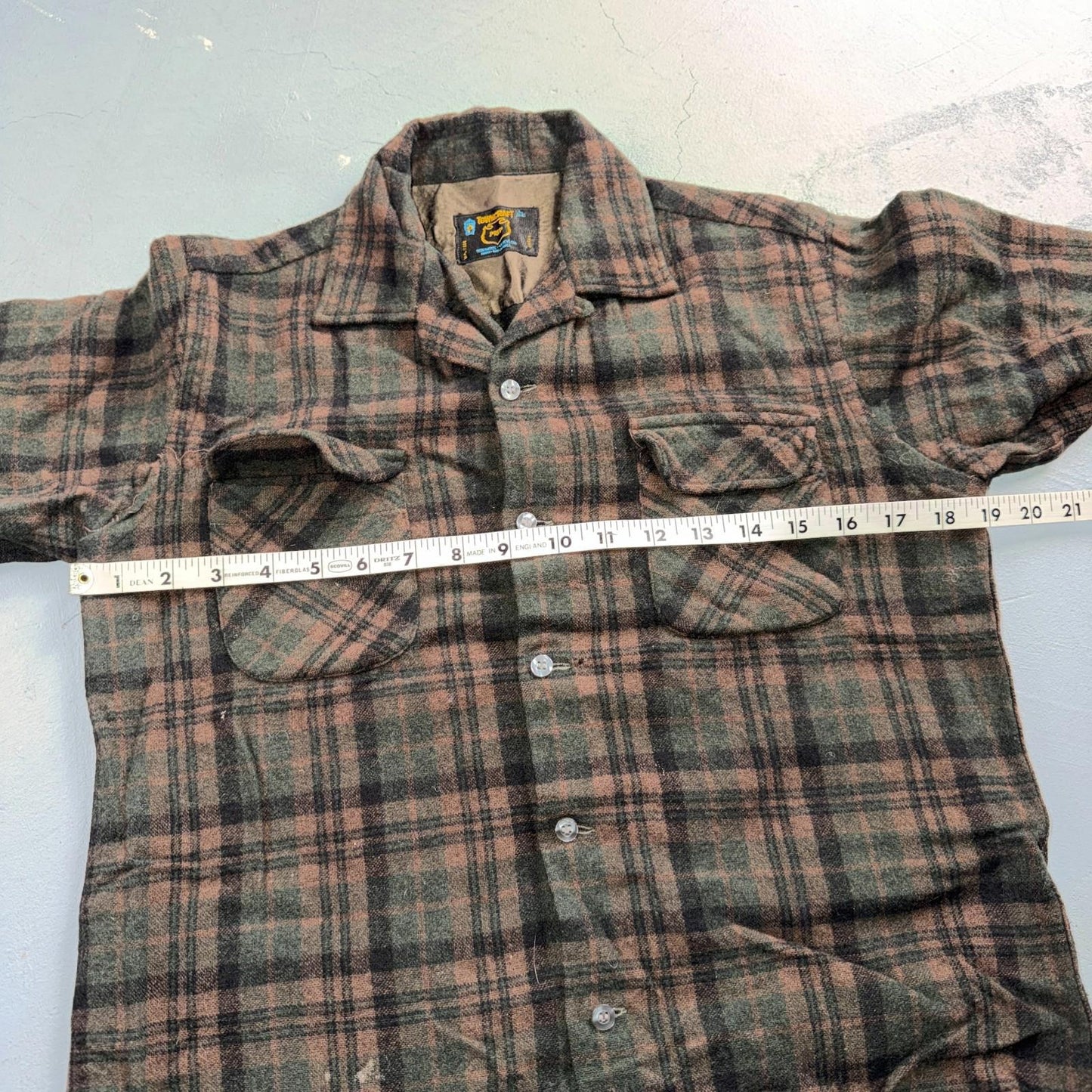 VTG 60s Penneys Shirt Brown Plaid Wool Button Loop Collar Rockabilly 1960s