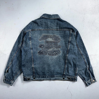 Crusin USA Cars Vintage 1980s Embossed Men's Denim Jacket Sz L Trucker Muscle