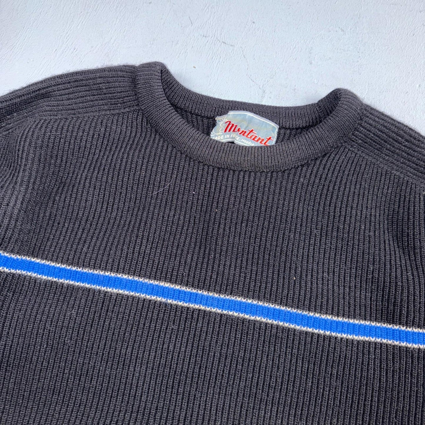 Montant Pull Wool Ski Sweater VTG 60s Blue Stripe Made in France Mens Rockabilly
