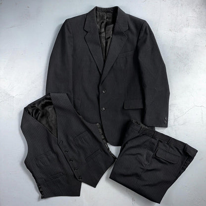 VTG Mens 3 PC Suit 42 Jacket Coat Pants Black Vest Rockabilly 70s American Trend