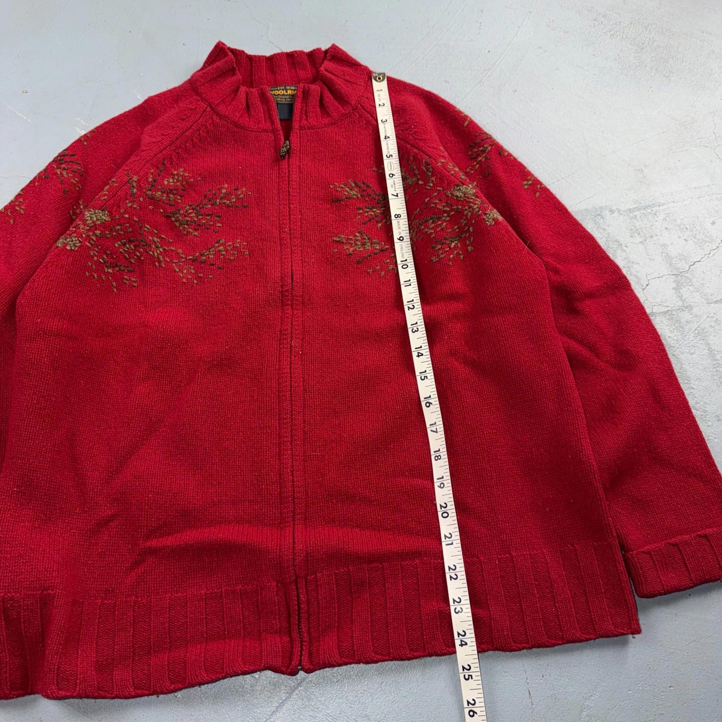 Woolrich 100% Lambswool Red Zip Up Embroidered Fall Autumn Holiday Cardigan Sz L