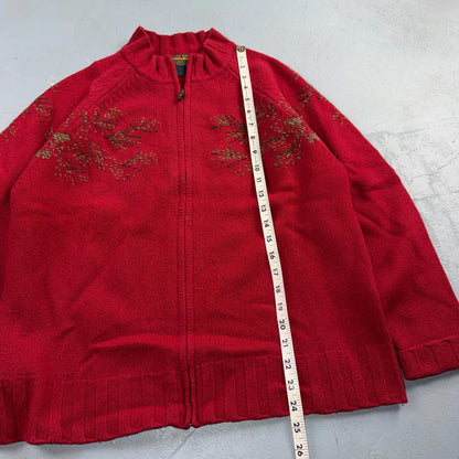 Woolrich 100% Lambswool Red Zip Up Embroidered Fall Autumn Holiday Cardigan Sz L