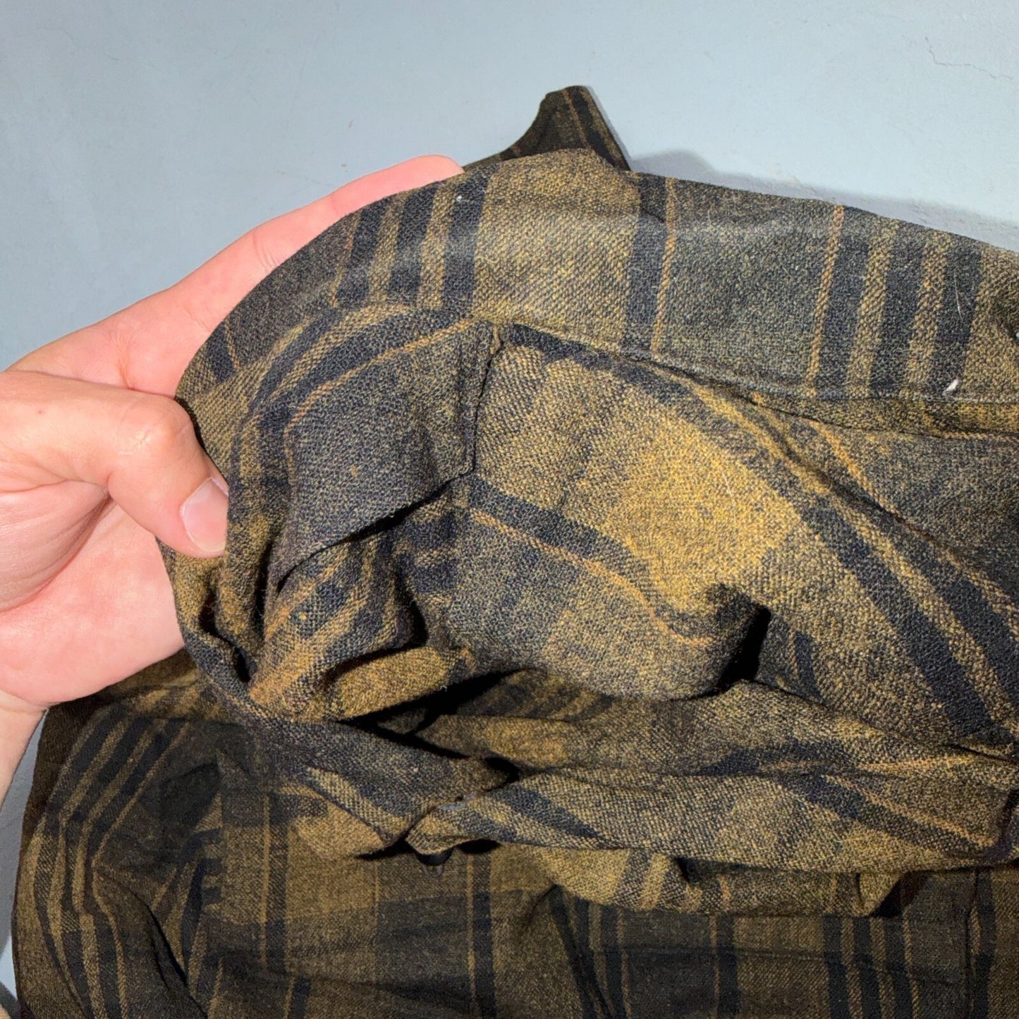 VTG 50s Brown Mustard Plaid Loop Collar Camp Shirt Rockabilly Atomic Shadow Wool