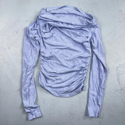 Rayon Blouse Womens S Purple Off Shoulder Crinkle Top Mesh Ruched Y2K