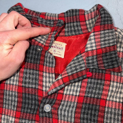 VTG XL 50s Penneys Shirt Red Plaid Wool Button Loop Collar Rockabilly 1950s Gray