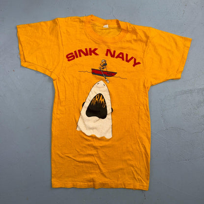 Sink Navy 1970s USN Army VTG T Shirt Yellow Jaws Shark Spoof Movie Rockabilly