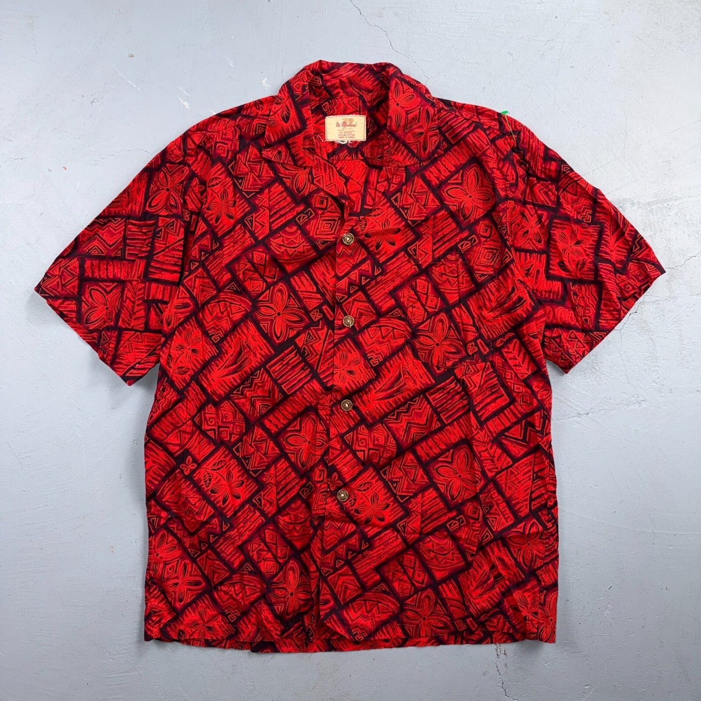 VTG 60s Ui-Maikai Hawaiian Aloha Shirt Red Black Tiki Floral Made In Hawaii M