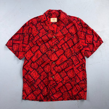 VTG 60s Ui-Maikai Hawaiian Aloha Shirt Red Black Tiki Floral Made In Hawaii M
