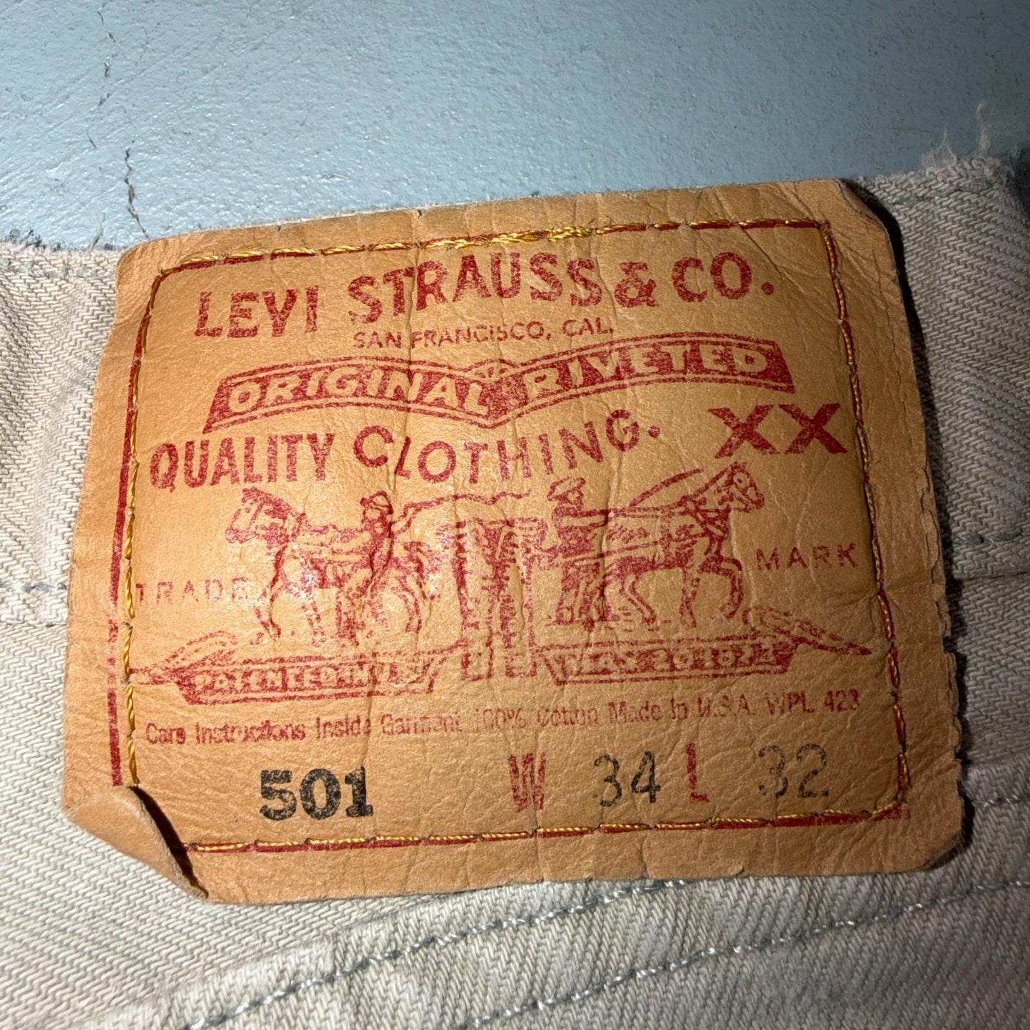 Levis 501 Vintage 90s USA XX Straight Leg Jeans Beige Light Wash 34x32 Act 31x29