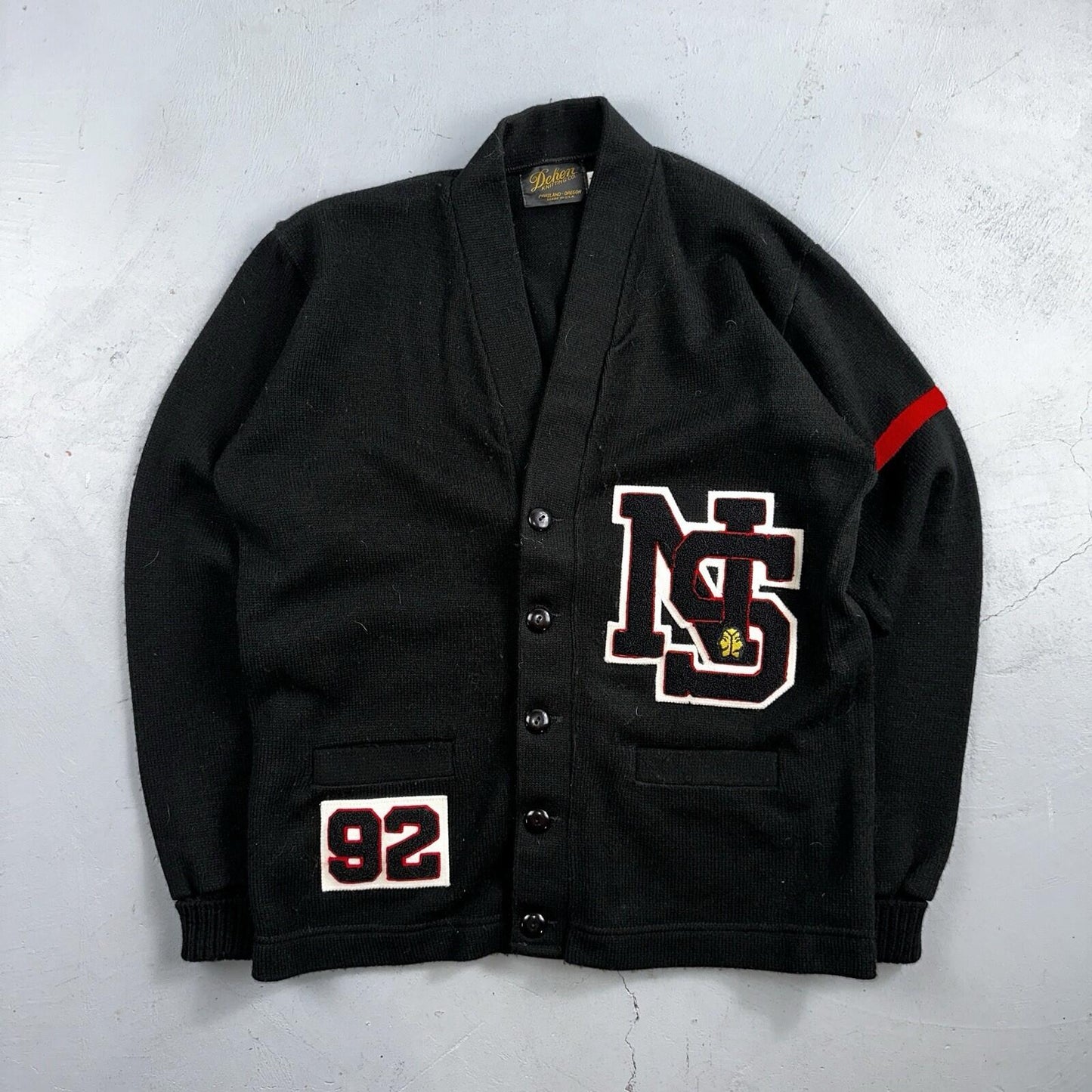 Vintage 1990s Dehen Varsity Letterman Cardigan Sweater Size 44 Black 1992 NS