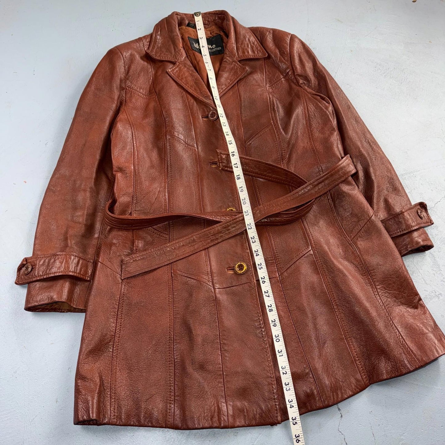 VTG Wilsons Women's Brown 100% Leather Jacket Trench Car Coat Belted 80s 90s