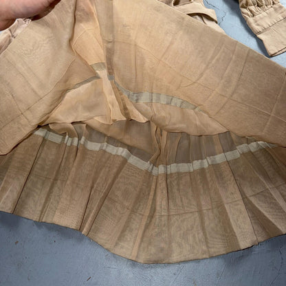 Vintage 1970s Shirtwaist Dress Beige Pleated Skirt Long Sleeve Belted Cute 70s