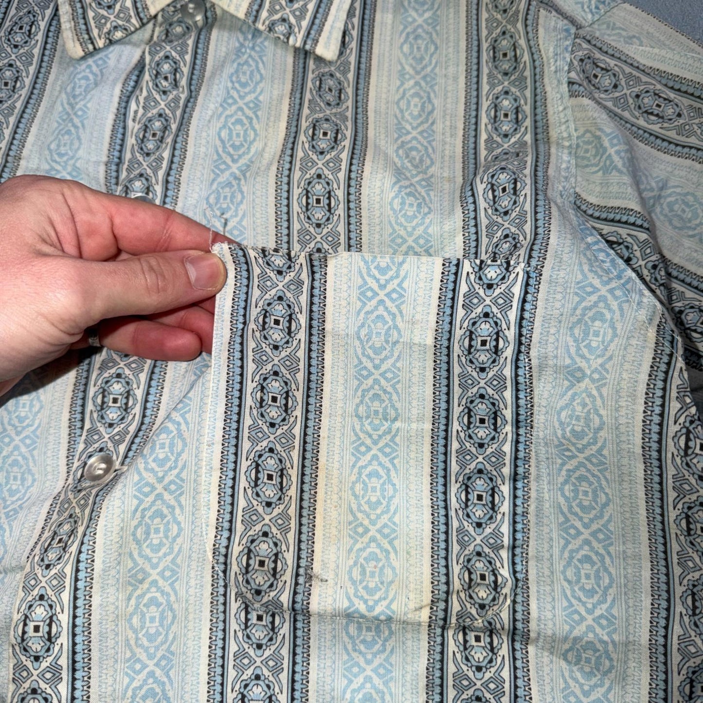 Vintage 60s Van Heusen Checker Button Up Shirt Made In USA Small Rockabilly Blue