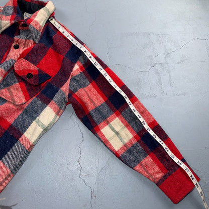 Vintage 70s Sport King CPO Shirt Jacket Mens Large Red Blue Wool Plaid Navy USN