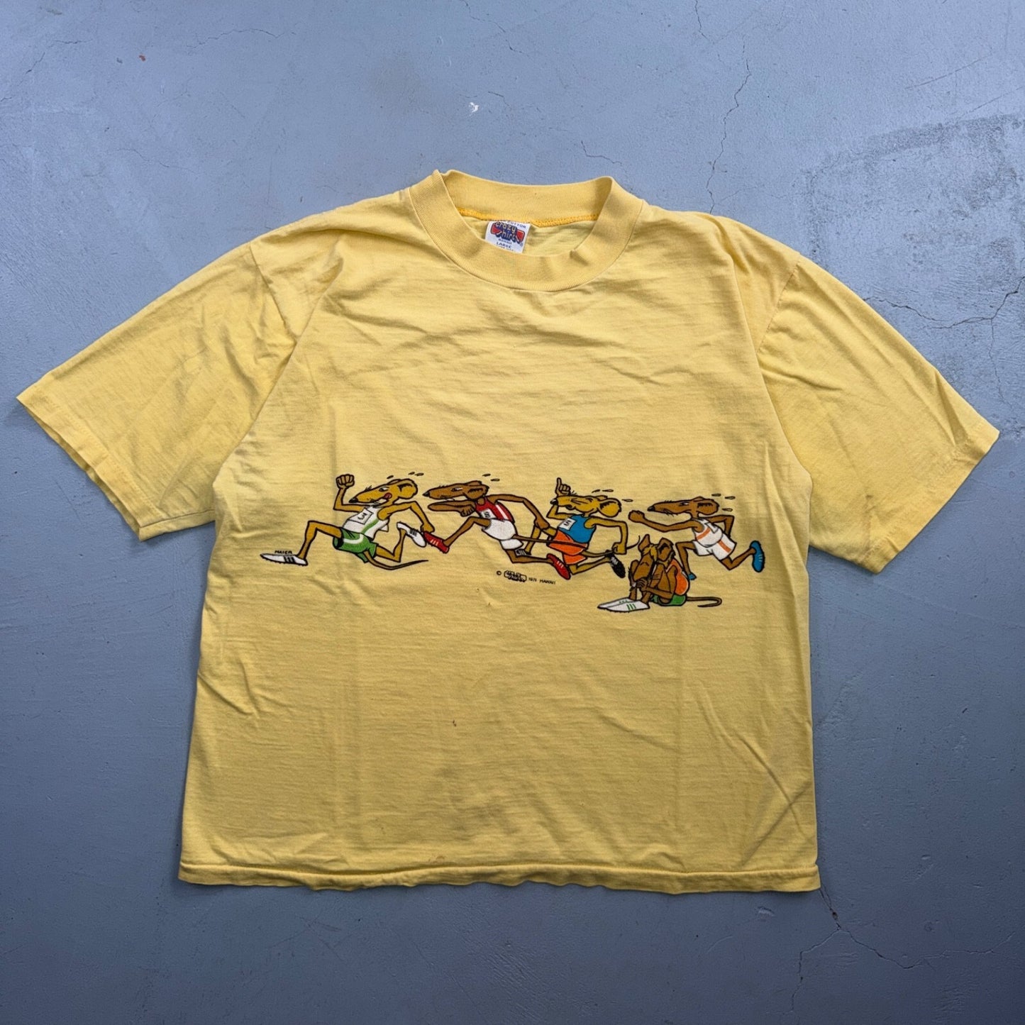 Vintage Rare 70s 1971 Crazy Shirt Hawaii Rat Race Yellow T-Shirt Large Stains