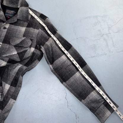 Pendleton Board Shirt Gray Black Plaid Wool Flannel USA Fabric Loop Collar M