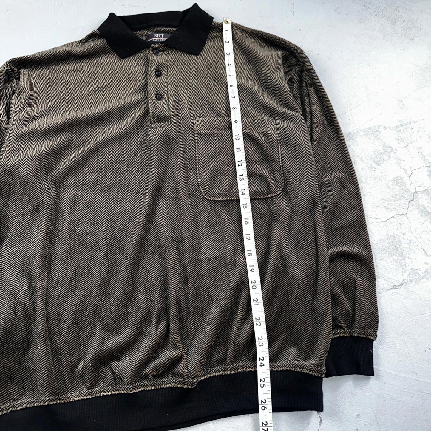 SRT Herringbone Mens Shirt Size L Gray Long Sleeve Henley VTG Golf Polo 90s