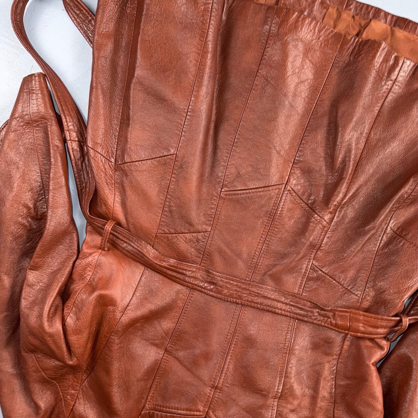 VTG Wilsons Women's Brown 100% Leather Jacket Trench Car Coat Belted 80s 90s