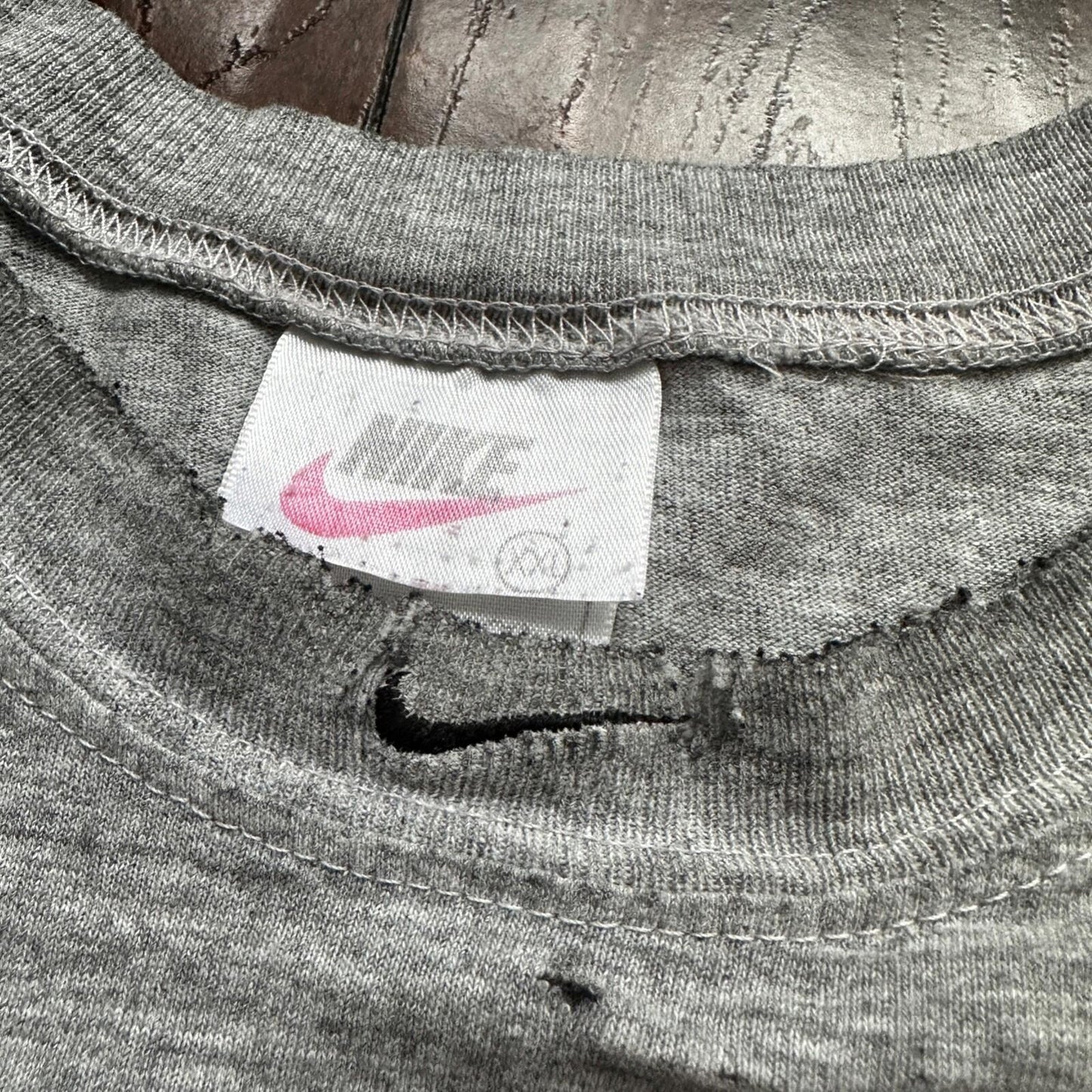 Nike Trashed Center Swoosh Vintage T Shirt 90s Basic Grey Gym Rat Stained