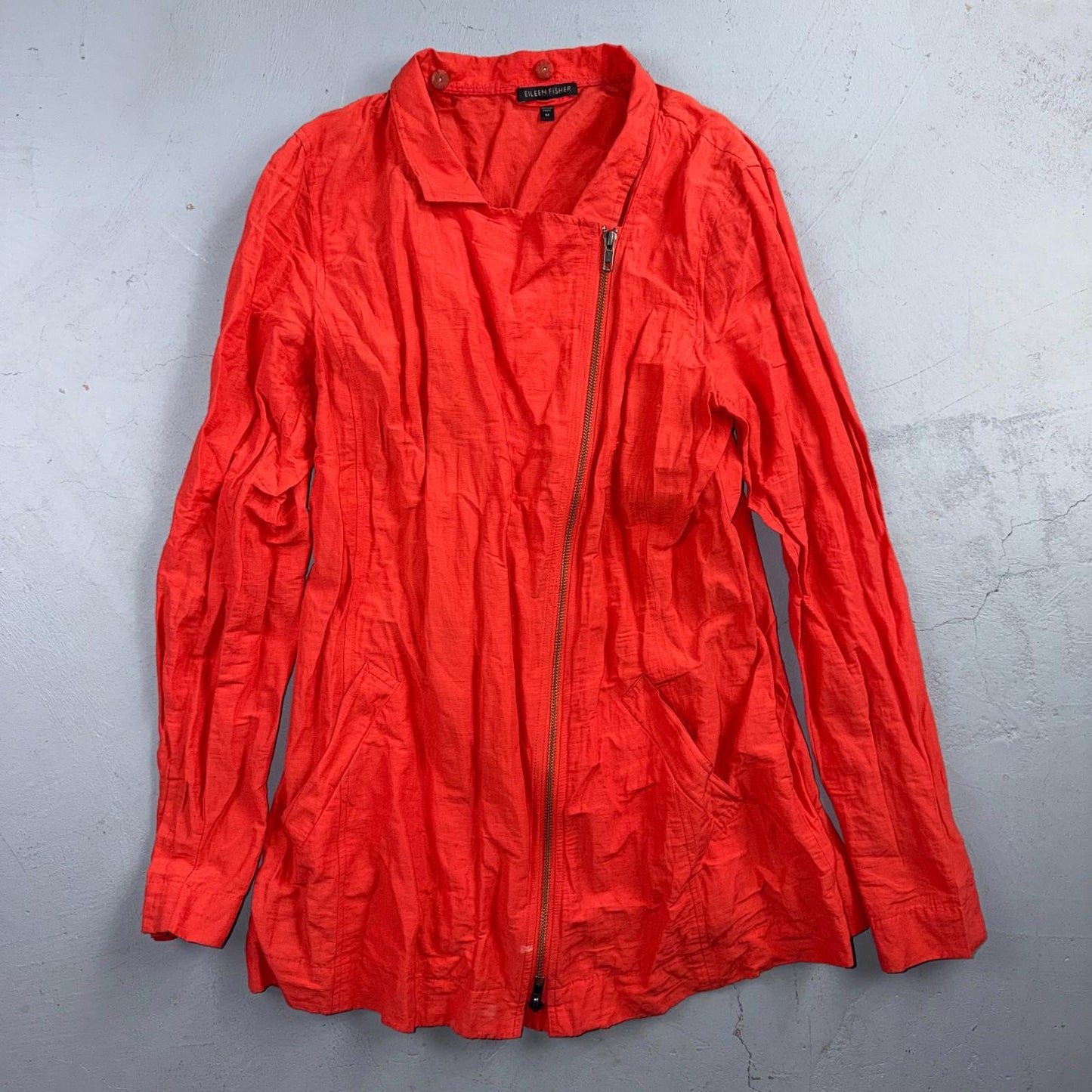 Eileen Fisher Cotton Coral Crinkle Asymmetrical Mock Neck Jacket Size Medium