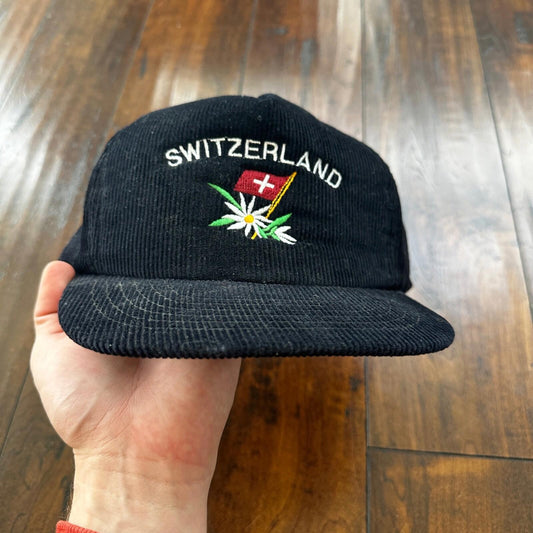 Corduroy Switzerland Black Vintage Hat Cap Snapback Flag Europe Travel USA Love