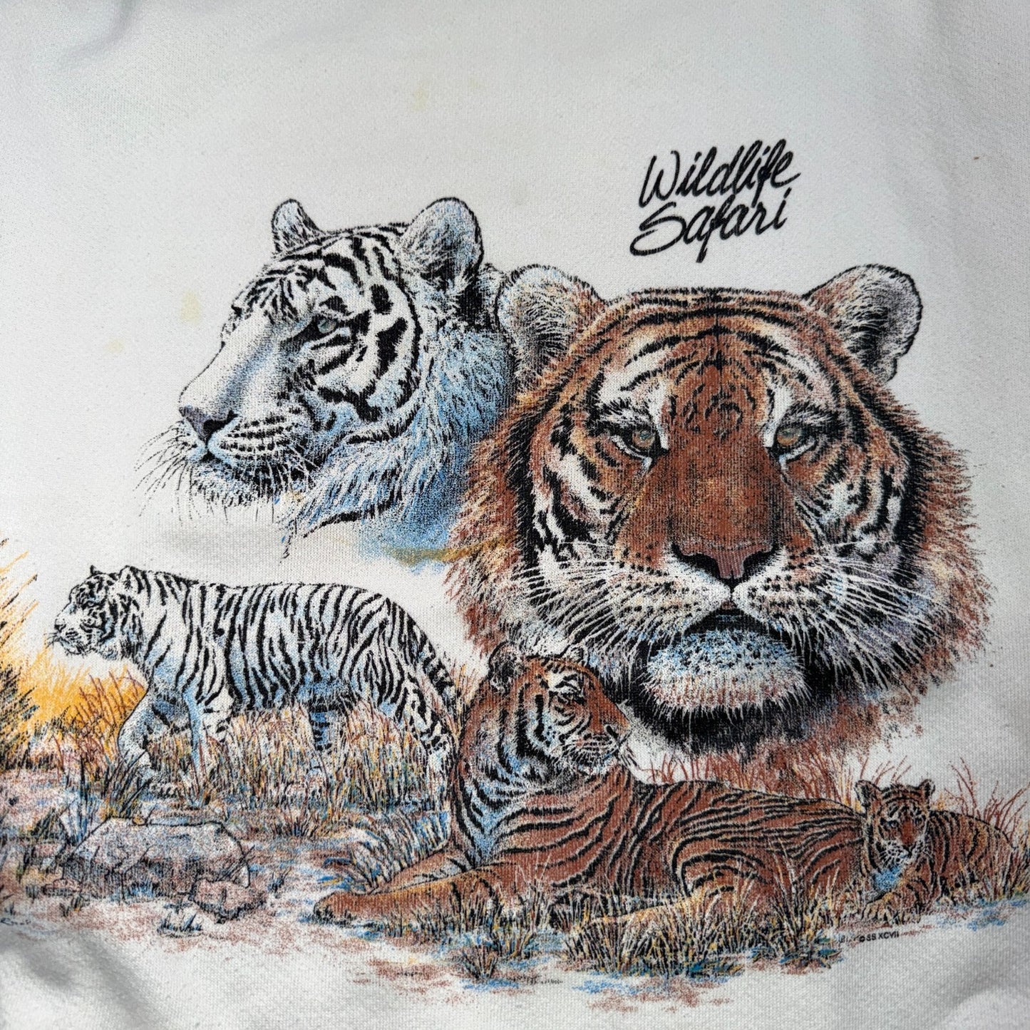 VTG 90s Wildlife Safari Tiger Sweatshirt White Tultex Made USA XL Big Cats AOP