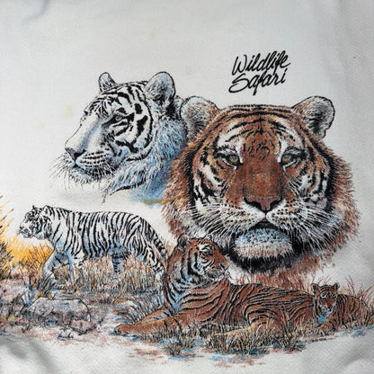 VTG 90s Wildlife Safari Tiger Sweatshirt White Tultex Made USA XL Big Cats AOP