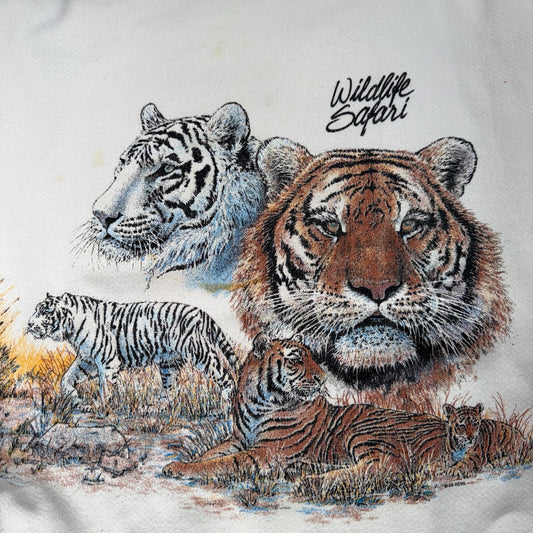VTG 90s Wildlife Safari Tiger Sweatshirt White Tultex Made USA XL Big Cats AOP