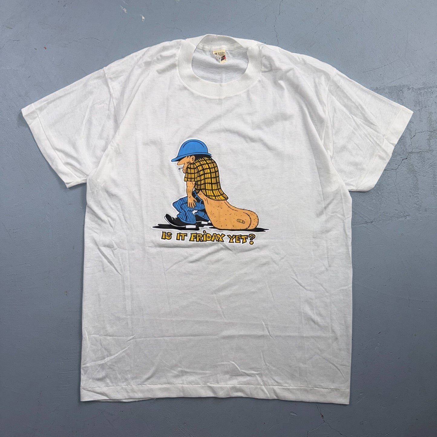 Funny Dragging Ass Construction Guy VTG T Shirt 80s Single Stitch XL Humor Joke