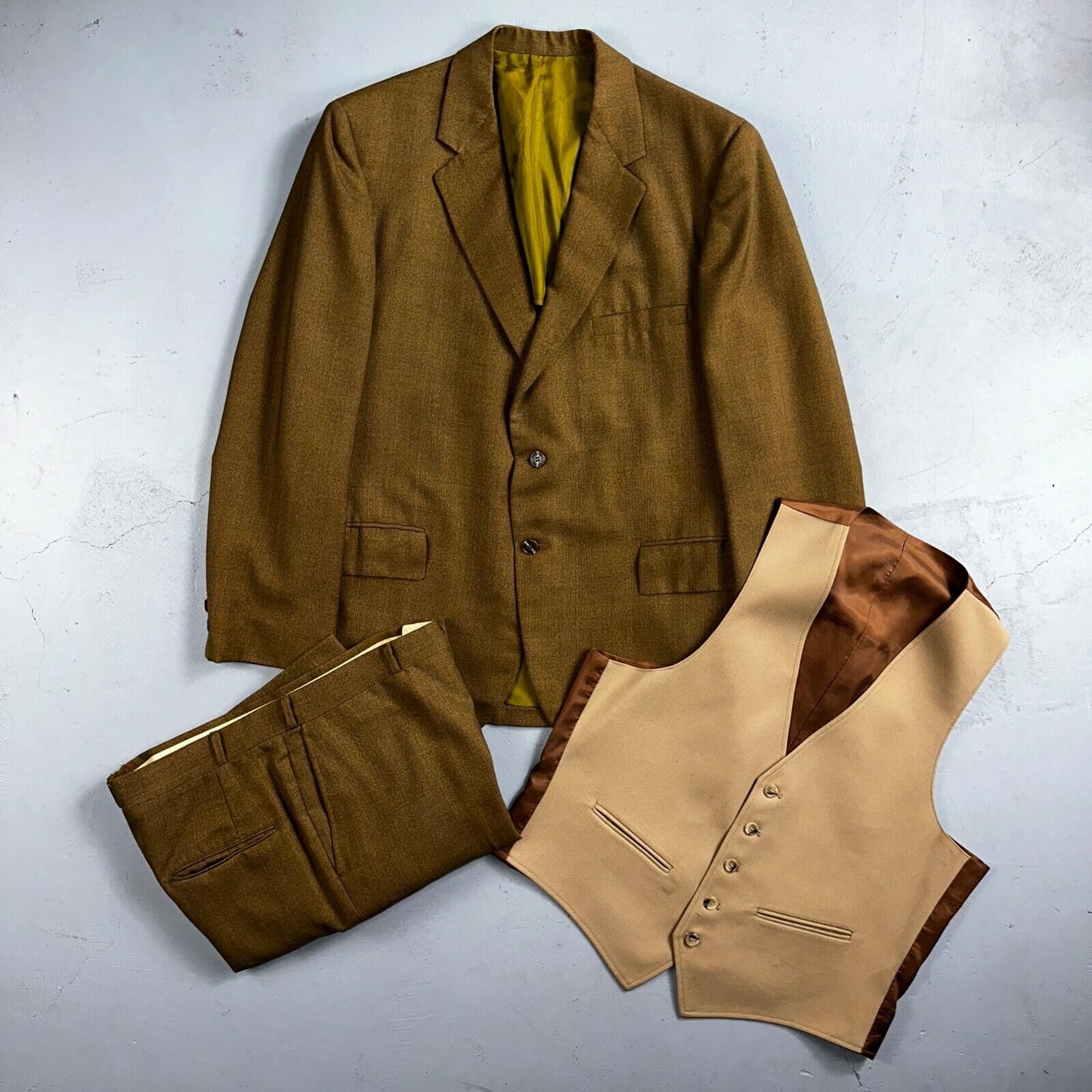 VTG Mens 3 PC Suit 42 Jacket Coat Pants Vest Plaid Rockabilly 70s 1970s Brown