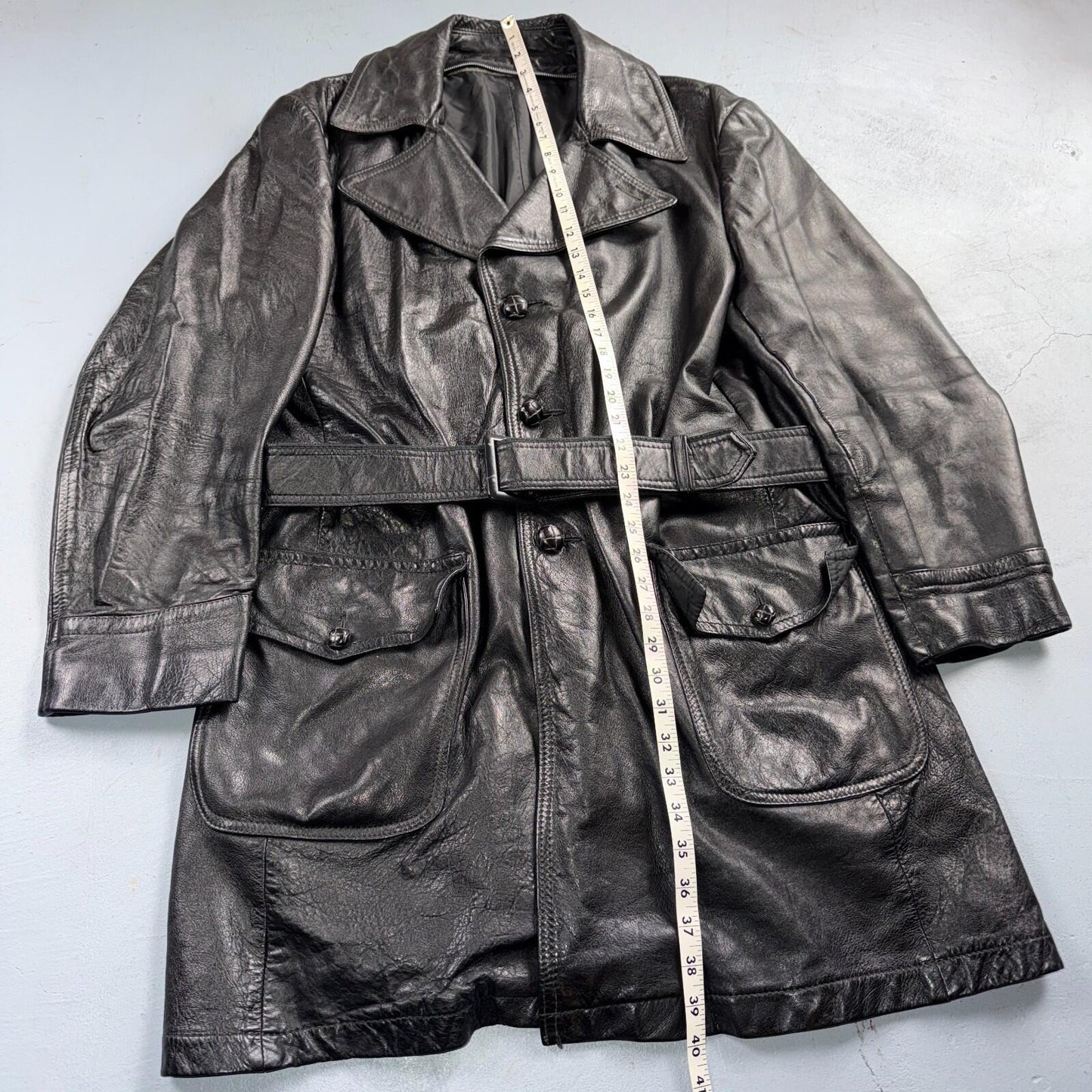 VTG Mens Long Length Vintage Leather Military Duster UNLined Rockabilly 60s Belt
